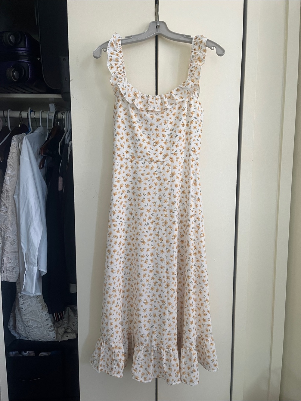SHEIN White Maxi Dress with Yellow Floral Print and Ruffle Trim